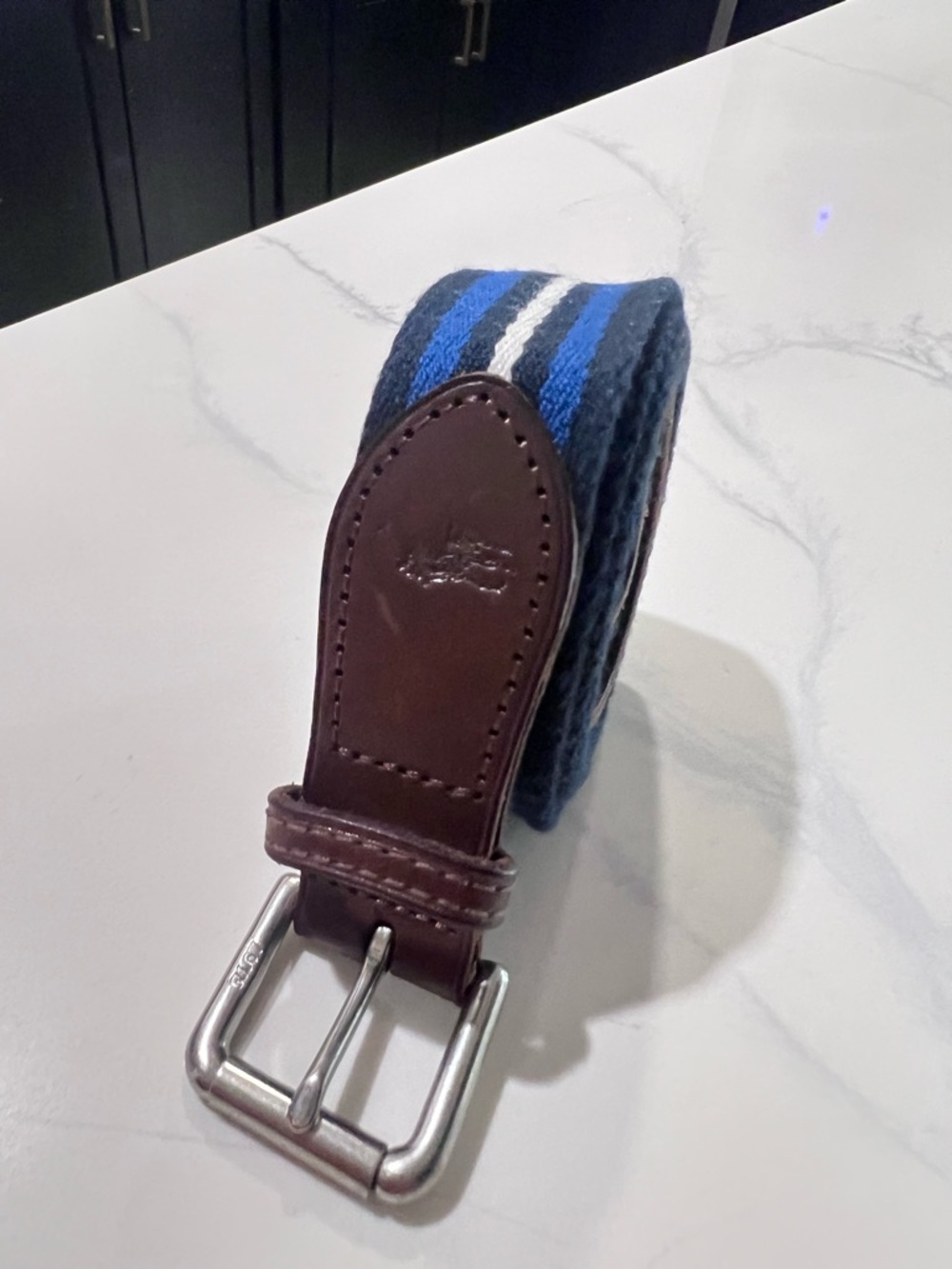 Polo Ralph Lauren Striped Preppy Leather Cotton Belt Blue Brown White Size 36